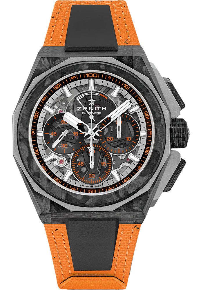 Zenith Defy Extreme E Island X Prix Watch - 45 mm Carbon And Ti Case - Tinted Sapphire Dial - Orange Velcro (Recycled Tires) Strap - 10.9100.9004-4/26.I305