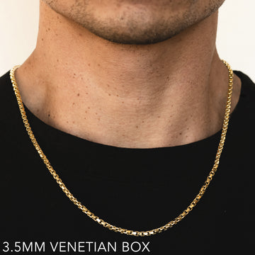 18K 3.5MM YELLOW GOLD SOLID VENETIAN BOX 22" CHAIN NECKLACE (AVAILABLE IN LENGTHS 7" - 30")