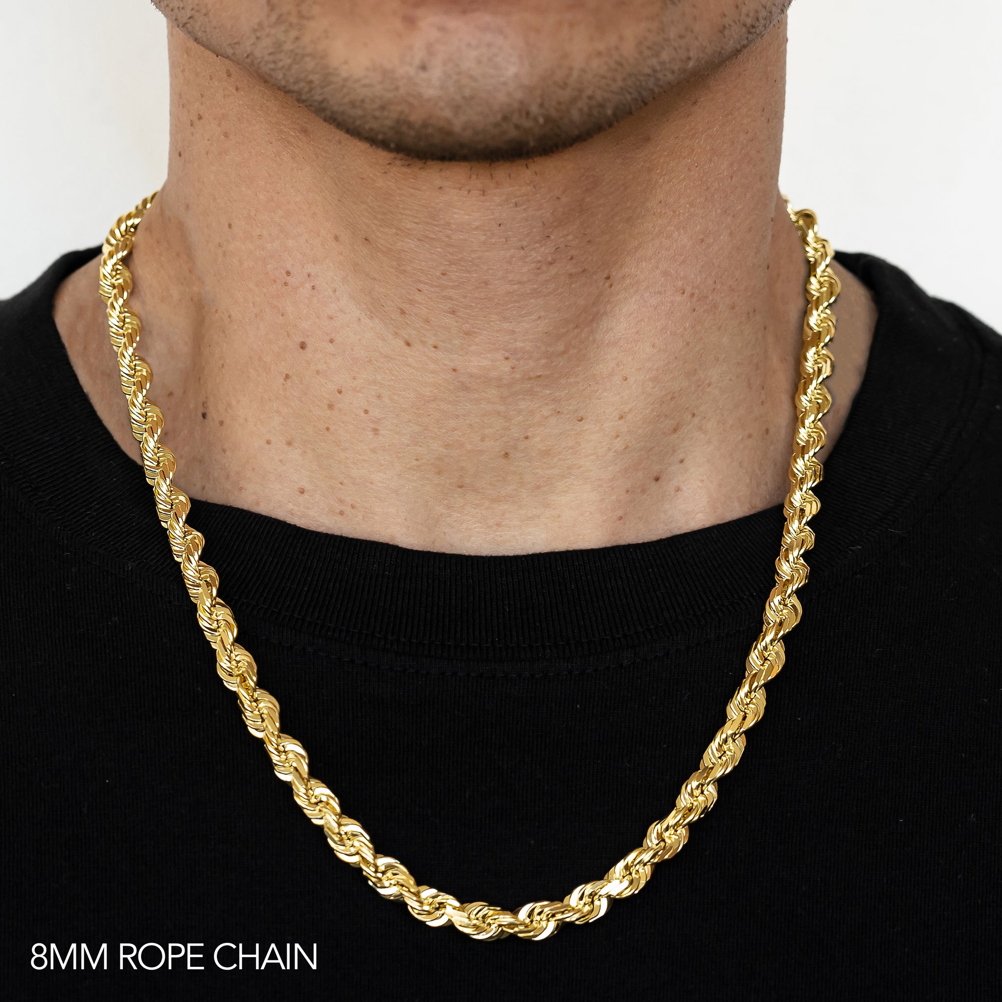 18K 8MM YELLOW GOLD SOLID DC ROPE 16" CHAIN NECKLACE (AVAILABLE IN LENGTHS 7" - 30")