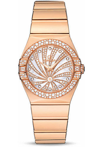 Omega Ladies Constellation Luxury Edition Watch - 27 mm Red Gold Case - Snow-Set Diamond Bezel - Mother-Of-Pearl Diamond Dial - 123.55.27.60.55.013