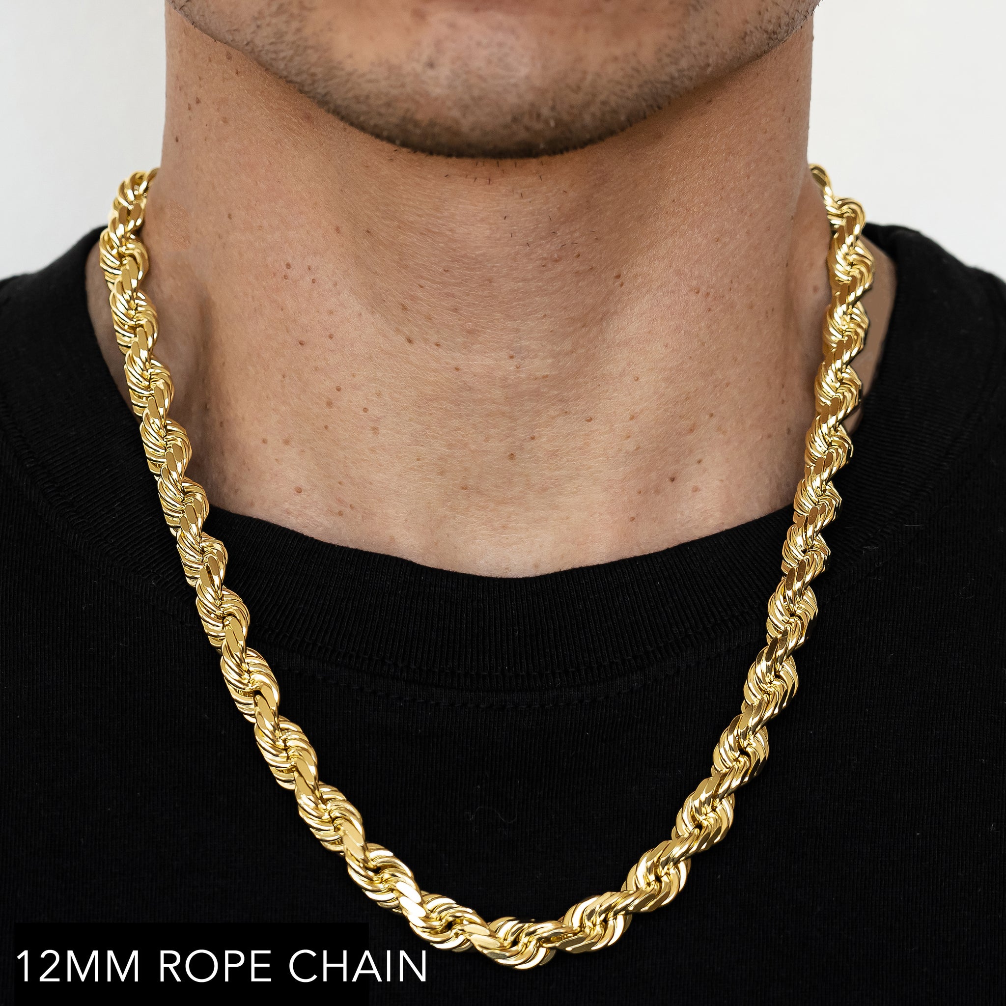 18K 12MM YELLOW GOLD SOLID DC ROPE 16" CHAIN NECKLACE (AVAILABLE IN LENGTHS 7" - 30")