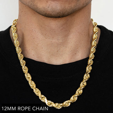 18K 12MM YELLOW GOLD SOLID DC ROPE 16" CHAIN NECKLACE (AVAILABLE IN LENGTHS 7" - 30")