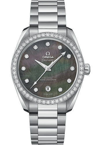 Omega Seamaster Aqua Terra 150M Co-Axial Master Chronometer Ladies Watch - 38 mm Steel Case - Diamond-Set Bezel - Tahiti Mother-Of-Pearl Diamond Dial - 220.15.38.20.57.001