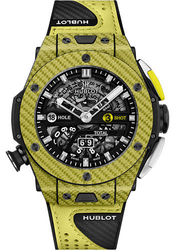 Hublot Big Bang Unico Golf Yellow Carbon Watch - 45 mm - Black Skeleton Dial - Black Rubber With Carbon Fiber Texture Decor and Yellow Calf Leather Strap Limited Edition of 100 - 416.YY.1120.VR