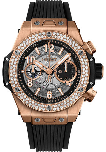 Hublot Big Bang Unico King Gold Diamonds Watch - 44 mm - Black Skeleton Dial - Black Rubber Strap - 421.OX.1180.RX.1104