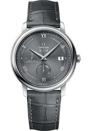 Omega De Ville Prestige Co-Axial Power Reserve Watch - 39.5 mm Steel Case - Grey Dial - Grey Leather Strap - 424.13.40.21.06.001