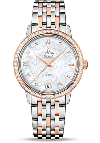 Omega De Ville Prestige Co-Axial Watch - 32.7 mm Steel Case - Diamond-Set Red Gold Bezel - Mother-Of-Pearl Dial - Red Gold-Steel Bracelet - 424.25.33.20.55.003