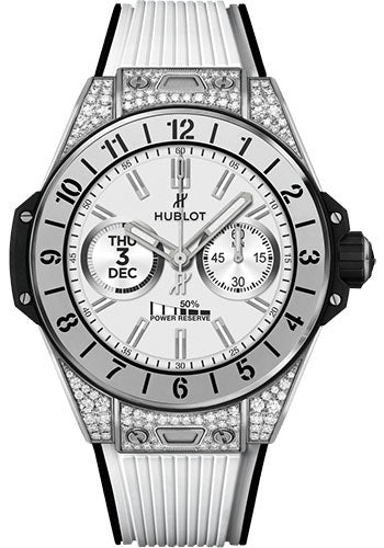 Hublot Big Bang e Titanium White Diamonds Watch - 42 mm - Digital Hublot Dial - Black and White Rubber Strap - 440.NX.1101.RW.1704