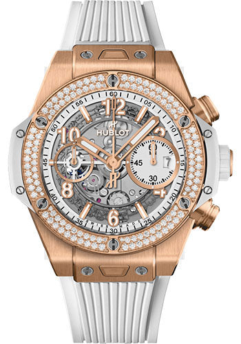 Hublot Big Bang Unico King Gold White Diamonds Watch - 42 mm - White Dial - White Rubber Strap - 441.OE.2011.RW.1104