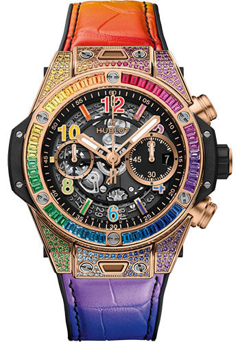 Hublot Big Bang Unico King Gold Rainbow Watch - 42 mm - Black Skeleton Dial - Black Rubber and Multicolored Leather Strap - 441.OX.1118.LR.0999