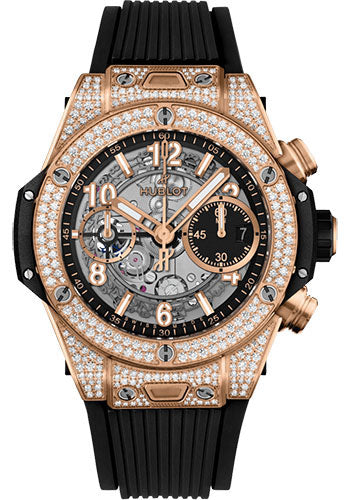 Hublot Big Bang Unico King Gold PavŽ Watch - 42 mm - Black Skeleton Dial - Black Rubber Strap - 441.OX.1181.RX.1704