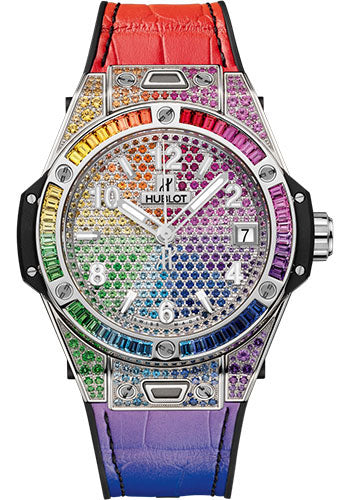 Hublot Big Bang One Click Steel Rainbow Watch - 39 mm - White Dial - Black Rubber and Multicolored Leather Strap - 465.SX.9910.LR.0999