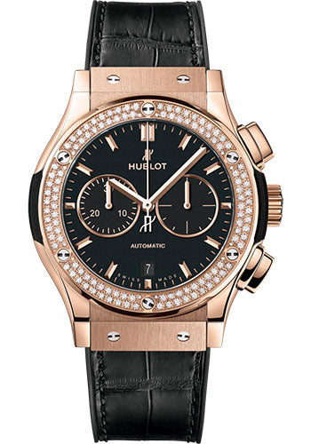 Hublot Classic Fusion Chronograph King Gold Diamonds Watch - 42 mm - Black Dial - Black Rubber and Leather Strap - 541.OX.1181.LR.1104