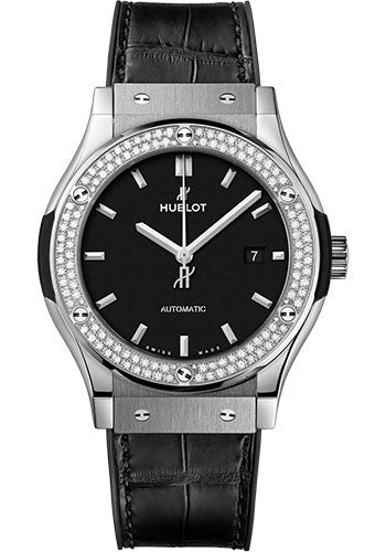 Hublot Classic Fusion Titanium Diamonds Watch - 42 mm - Black Dial - Black Rubber and Leather Strap - 542.NX.1171.LR.1104