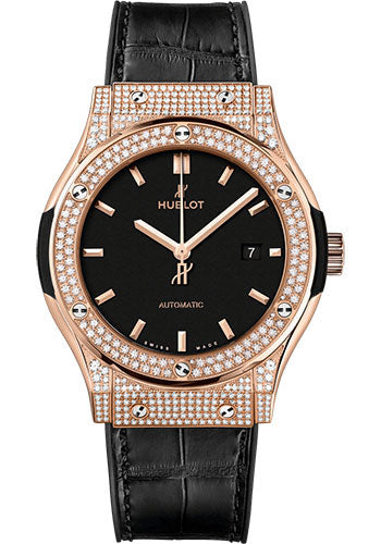 Hublot Classic Fusion King Gold PavŽ Watch - 42 mm - Black Dial - Black Rubber and Leather Strap - 542.OX.1181.LR.1704