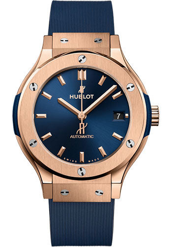 Hublot Classic Fusion King Gold Blue Watch - 38 mm - Blue Dial - Blue Lined Rubber Strap - 565.OX.7180.RX