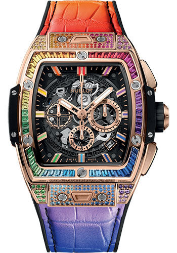 Hublot Spirit of Big Bang King Gold Rainbow Watch - 42 mm - Black Skeleton Dial - Black Rubber and Multicolored Leather Strap - 642.OX.0118.LR.0999