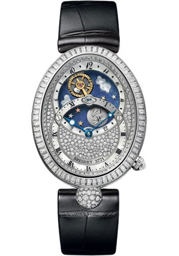 Breguet Reine de Naples Jour/Nuit 8999 - White Gold Case - Diamond Paved Dial - Black Leather Strap - 8999BB/8D/974/DD0D