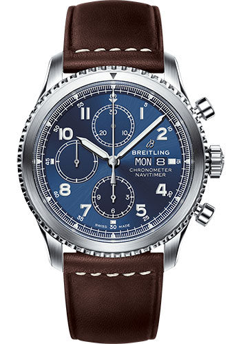 Breitling Aviator 8 Chronograph 43 Watch - Steel Case - Blue Dial - Brown Leather Strap - A13314101C1X2