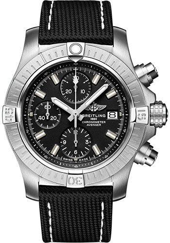 Breitling Avenger Chronograph 43 Watch - Stainless Steel - Black Dial - Anthracite Calfskin Leather Strap - Folding Buckle - A13385101B1X2