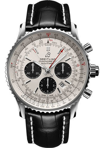 Breitling Navitimer B03 Chronograph Rattrapante 45 Watch - Stainless Steel - Silver Dial - Black Alligator Leather Strap - Folding Buckle - AB0311211G1P1