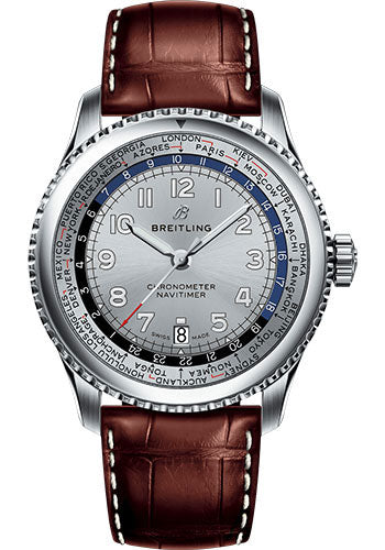 Breitling Aviator 8 B35 Automatic Unitime 43 Watch - Steel Case - Mercury Silver Dial - Brown Croco Strap - AB3521U01G1P1