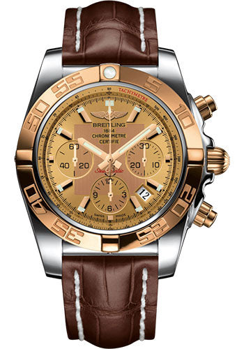 Breitling Chronomat 44 Watch - Steel & Gold - Golden Sun Dial - Brown Croco Strap - Deployant Buckle - CB011012/H548-Croco-Brown-Deployant