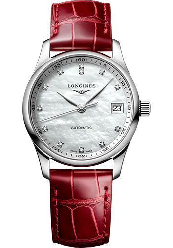 Longines Master Collection Automatic Watch - 34 mm Steel Case - White Mother-Of-Pearl Diamond Dial - Red Alligator Leather Strap - L2.357.4.87.2