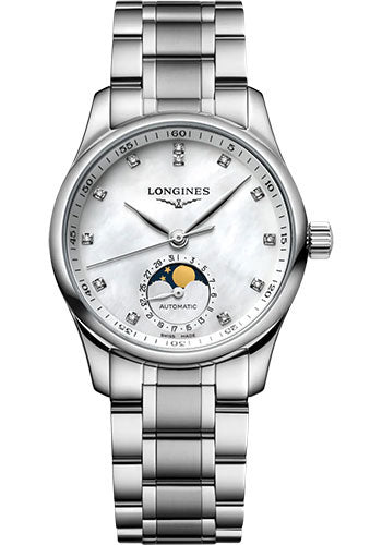 Longines Master Collection Moon Phase Automatic Watch - 34 mm Steel Case - White Mother-Of-Pearl Diamond Dial - Bracelet - L2.409.4.87.6