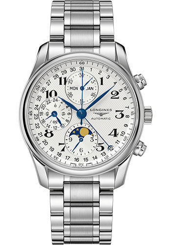 Longines Master Collection Moon Phase Chronograph Small Seconds Watch - 40 mm Steel Case - Silver Barleycorn Arabic Dial - Bracelet - L2.673.4.78.6