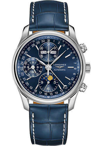 Longines Master Collection Moon Phase Chronograph Small Seconds Watch - 40 mm Steel Case - Blue Dial - Blue Alligator Strap - L2.673.4.92.0