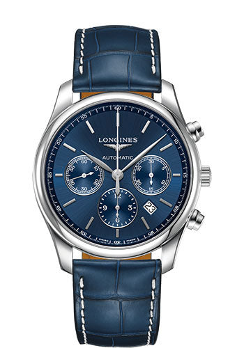 Longines Master Collection Chronograph Small Seconds Watch - 42 mm Steel Case - Blue Dial - Blue Alligator Strap - L2.759.4.92.0