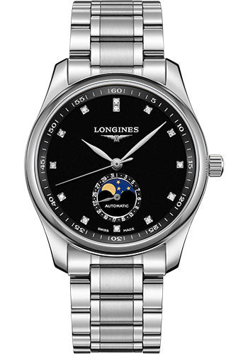 Longines Master Collection Moon Phase Watch - 40 mm Steel Case - Black Diamond Dial - Bracelet - L2.909.4.57.6