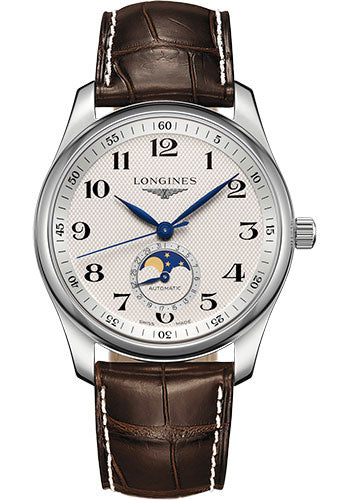 Longines Master Collection Moon Phase Watch - 40 mm Steel Case - Silver Barleycorn Arabic Dial - Brown Alligator Strap - L2.909.4.78.3