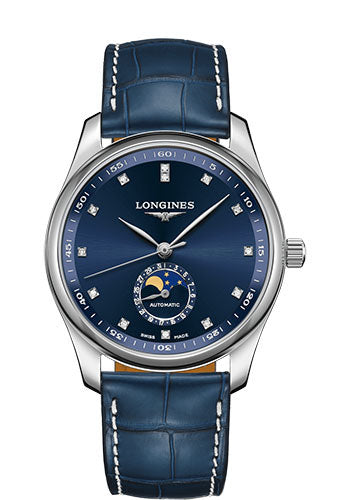 Longines Master Collection Moon Phase Watch - 40 mm Steel Case - Blue Diamond Dial - Blue Alligator Strap - L2.909.4.97.0