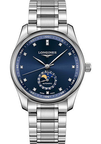 Longines Master Collection Moon Phase Watch - 40 mm Steel Case - Blue Diamond Dial - Bracelet - L2.909.4.97.6