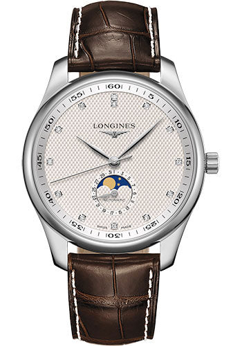 Longines Master Collection Moon Phase Watch - 42 mm Steel Case - Silver Barleycorn Diamond Dial - Brown Alligator Strap - L2.919.4.77.3