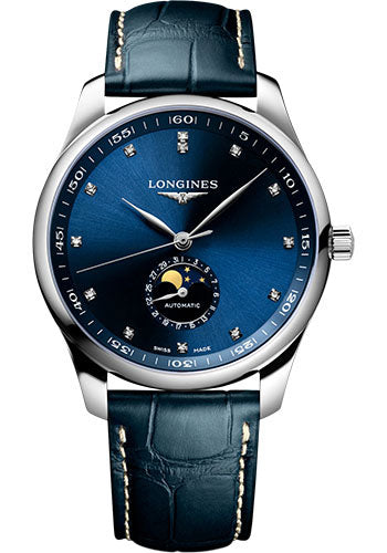 Longines Master Collection Moon Phase Automatic Watch - 42 mm Steel Case - Blue Diamond Dial - Blue Alligator Leather Strap - L2.919.4.97.0