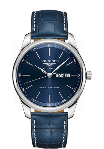 Longines Master Collection Annual Calendar Watch - 42 mm Steel Case - Blue Dial - Blue Alligator Strap - L2.920.4.92.0