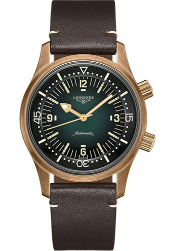 Longines Legend Diver Watch Watch - 42 mm Bronze and Titanium Case - Green Arabic Dial - Brown Leather Strap - L3.774.1.50.2