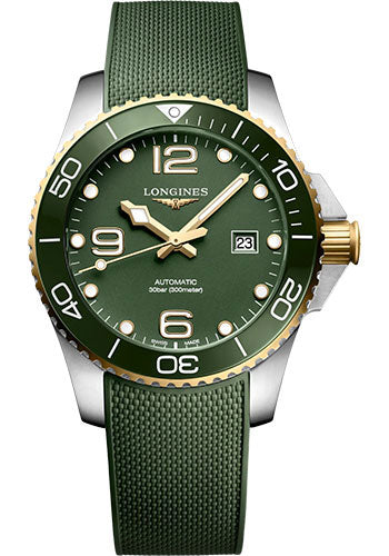 Longines HydroConquest Automatic Watch - 43 mm Steel And Ceramic Case - Green Arabic Dial - Green Rubber Strap - L3.782.3.06.9