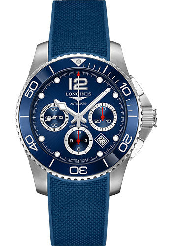 Longines HydroConquest Chronograph Automatic Watch - 43 mm Steel And Ceramic Case - Blue Arabic Dial - Rubber Strap - L3.883.4.96.9