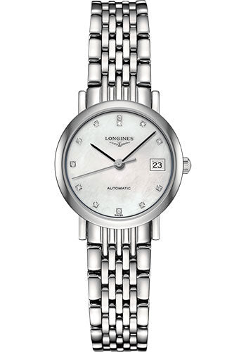 Longines Elegant Collection Watch - 25.5 mm Steel Case - White Mother-Of-Pearl Diamond Dial - Bracelet - L4.309.4.87.6