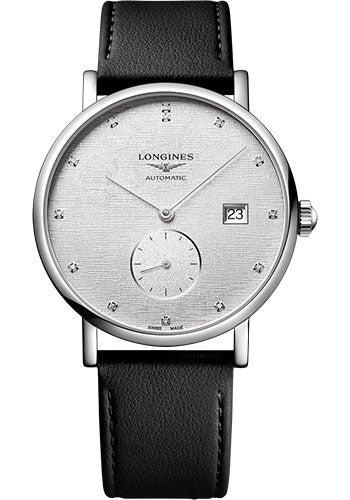 Longines Elegant Collection Small Seconds Automatic Watch - 39 mm Steel Case - Striped Silver Diamond Dial - Black Strap - Vegetable Material Bracelet - L4.812.4.77.2