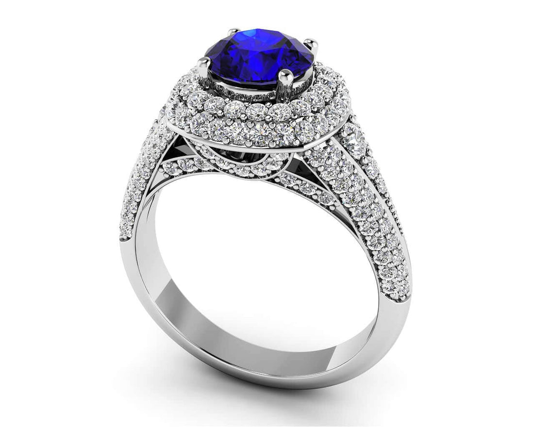 Double Halo Diamonds And Gem Anniversary Ring Lab-Grown Diamond  with 1.34 ct.(finished) 1mm, 1.1mm, 5mm Sapphire