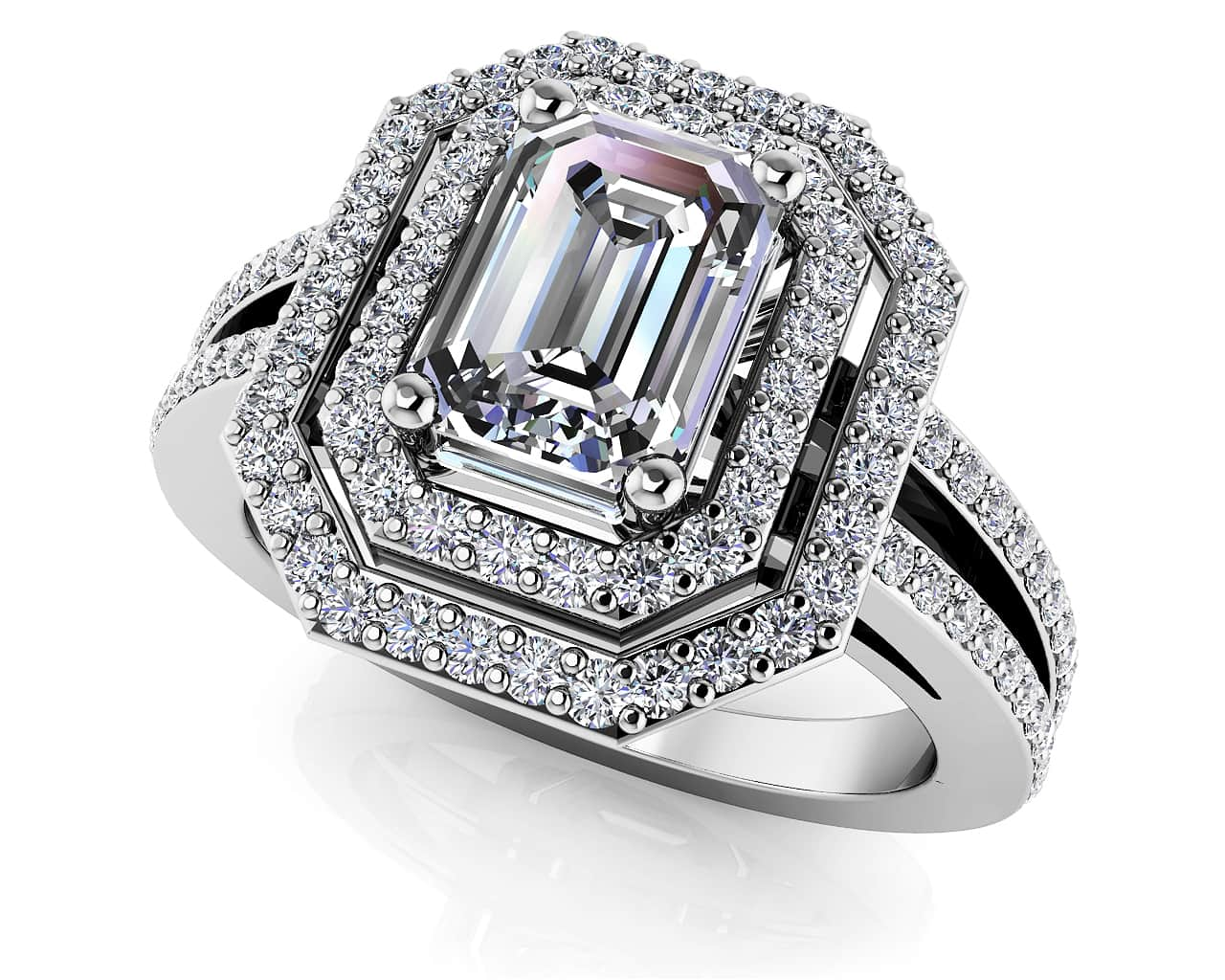 Modern Emerald Cut Double Halo Ring Lab-Grown Diamond  with 1.53 ct. (1.00 ct. center diamond)