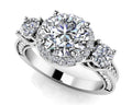 Exquisite Three Stone Diamond Halo Engagement Ring Lab-Grown Diamond  with 2.51 ct. (1.50 ct. center diamond)