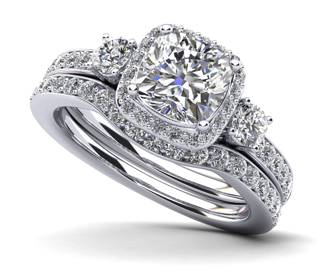 Cushion Cut Halo Diamond Bridal Set Ring with Side Stones Lab-Grown Diamond  with 1.29 ct. (0.50 ct. center diamond)