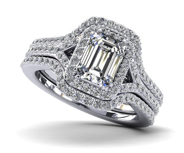 Emerald Cut Halo Diamond Wedding Set Ring with Split Shank Lab-Grown Diamond  with 1.25 ct. (0.70 ct. center diamond)