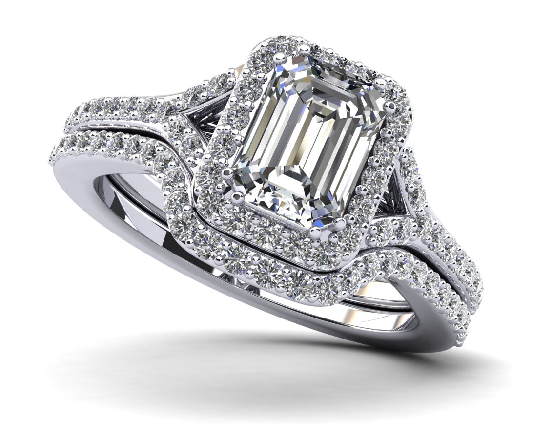 Emerald Cut Halo Diamond Bridal Set Ring with Split Shank Lab-Grown Diamond  with 1.10 ct. (0.70 ct. center diamond)